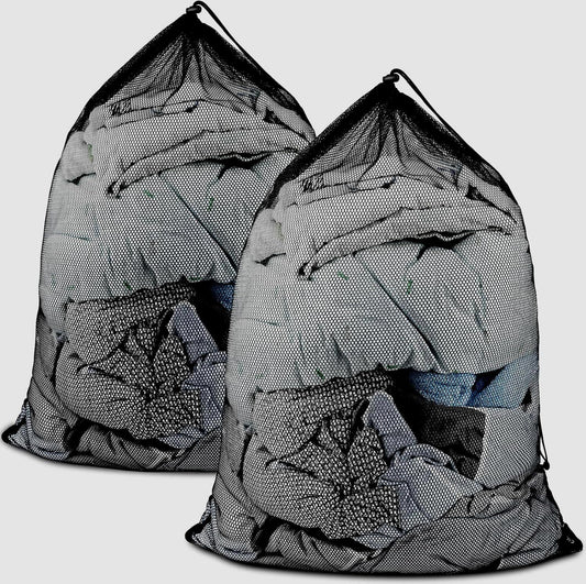 2 Pack Large Mesh Laundry Bags, 24" x 36" Heavy Duty Strong Drawstring Dirty Clothes Bags with Soft Breathable Net, Machine Washable Laundry Bag for College, Dorm, Camp, Travel and Family Use(Black)