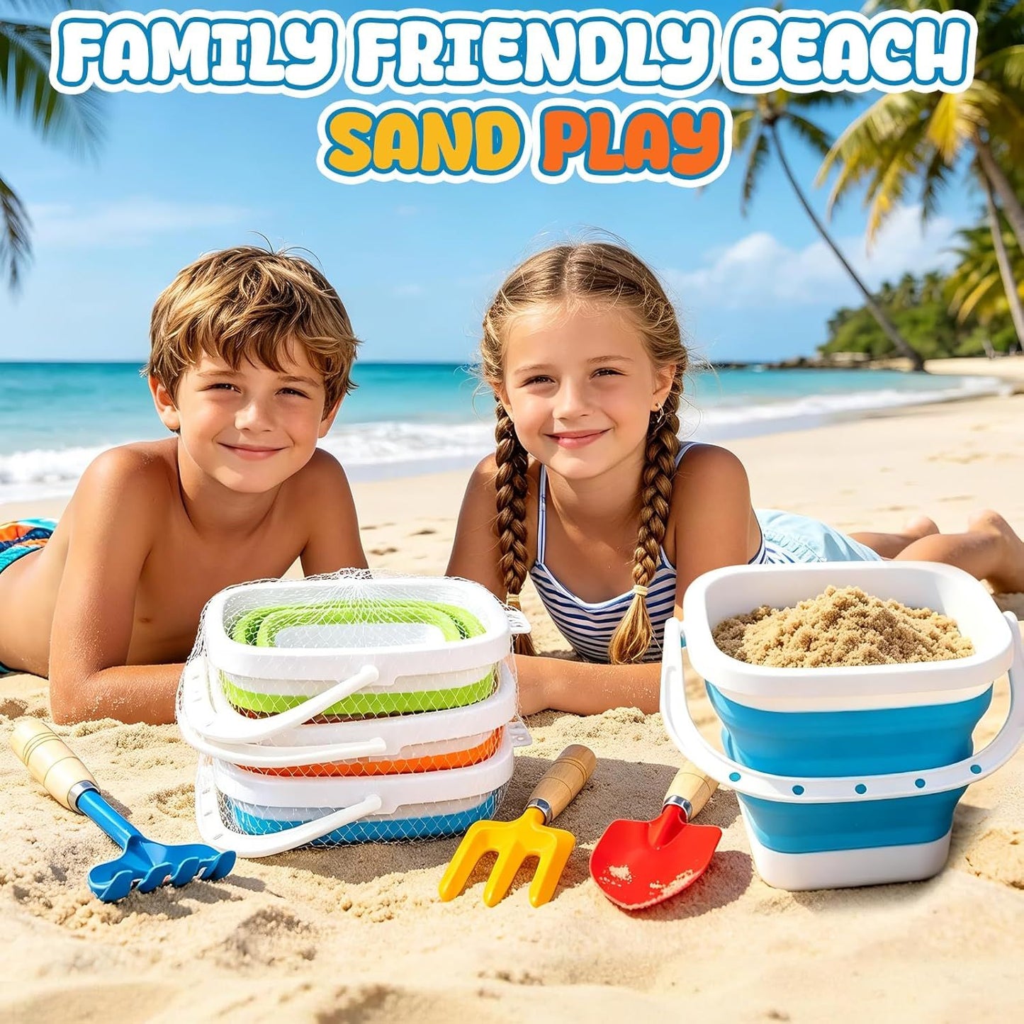 Collapsible Beach Bucket with Metal Shovels Set, Beach Toys Gifts for Adults, ABS Foldable Pails for Pool, Camping, Easter Party, Fishing, Summer Winter Activities 6PCS
