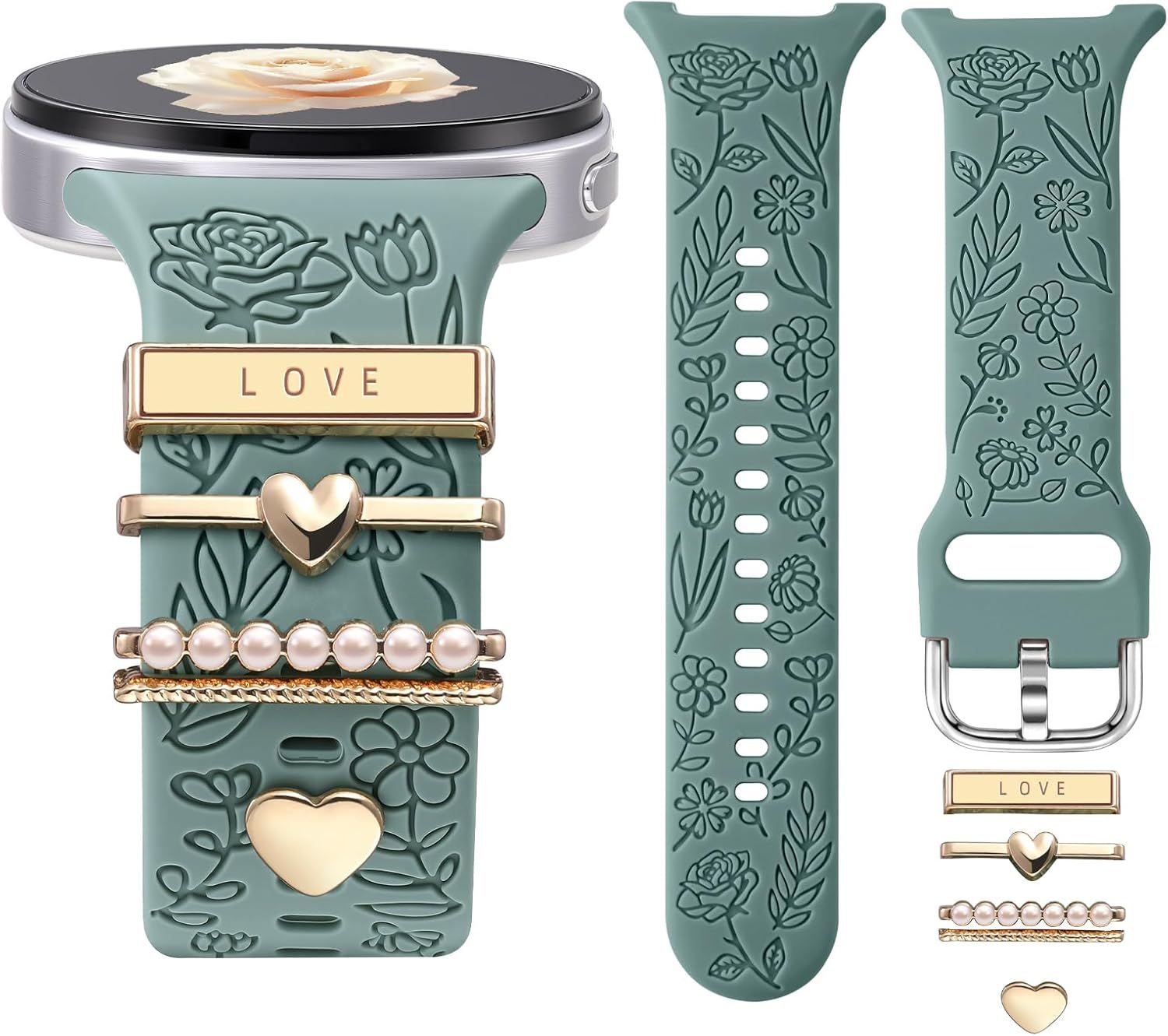 Flower Engraved Bands Compatible with Samsung Galaxy Watch 8 Band 40mm 44mm/Galaxy Watch 8 Classic 46mm, Soft Silicone Replacement Strap with Fancy Decorative Charms Accessories for Women Kemu |Fashion Home Kitchen Beauty