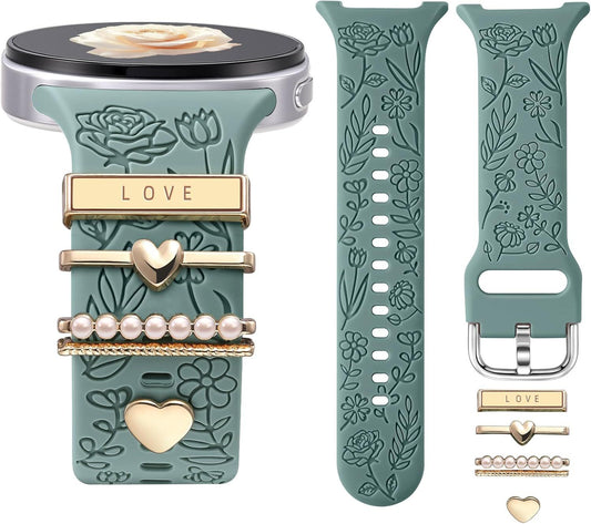 Flower Engraved Bands Compatible with Samsung Galaxy Watch 8 Band 40mm 44mm/Galaxy Watch 8 Classic 46mm, Soft Silicone Replacement Strap with Fancy Decorative Charms Accessories for Women Kemu |Fashion Home Kitchen Beauty