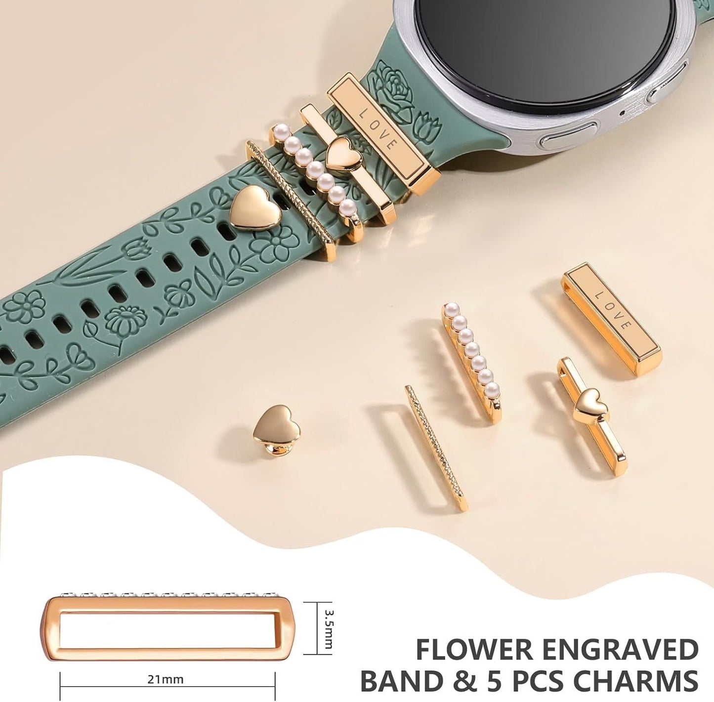 Flower Engraved Bands Compatible with Samsung Galaxy Watch 8 Band 40mm 44mm/Galaxy Watch 8 Classic 46mm, Soft Silicone Replacement Strap with Fancy Decorative Charms Accessories for Women Kemu |Fashion Home Kitchen Beauty