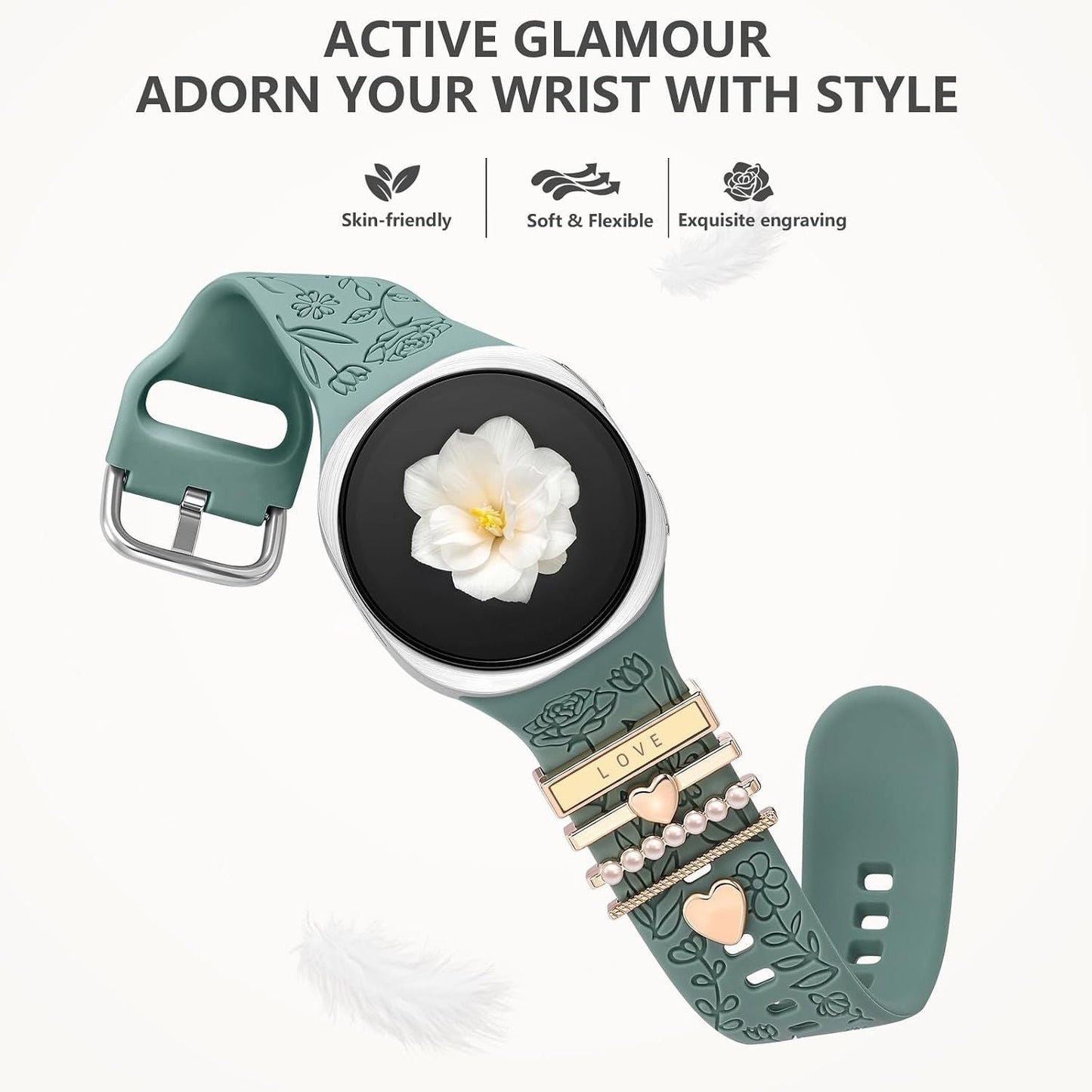 Flower Engraved Bands Compatible with Samsung Galaxy Watch 8 Band 40mm 44mm/Galaxy Watch 8 Classic 46mm, Soft Silicone Replacement Strap with Fancy Decorative Charms Accessories for Women Kemu |Fashion Home Kitchen Beauty