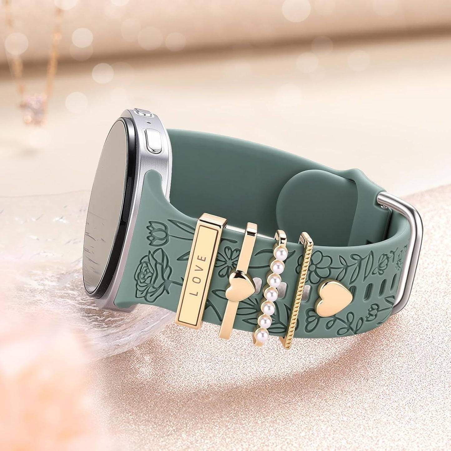 Flower Engraved Bands Compatible with Samsung Galaxy Watch 8 Band 40mm 44mm/Galaxy Watch 8 Classic 46mm, Soft Silicone Replacement Strap with Fancy Decorative Charms Accessories for Women Kemu |Fashion Home Kitchen Beauty