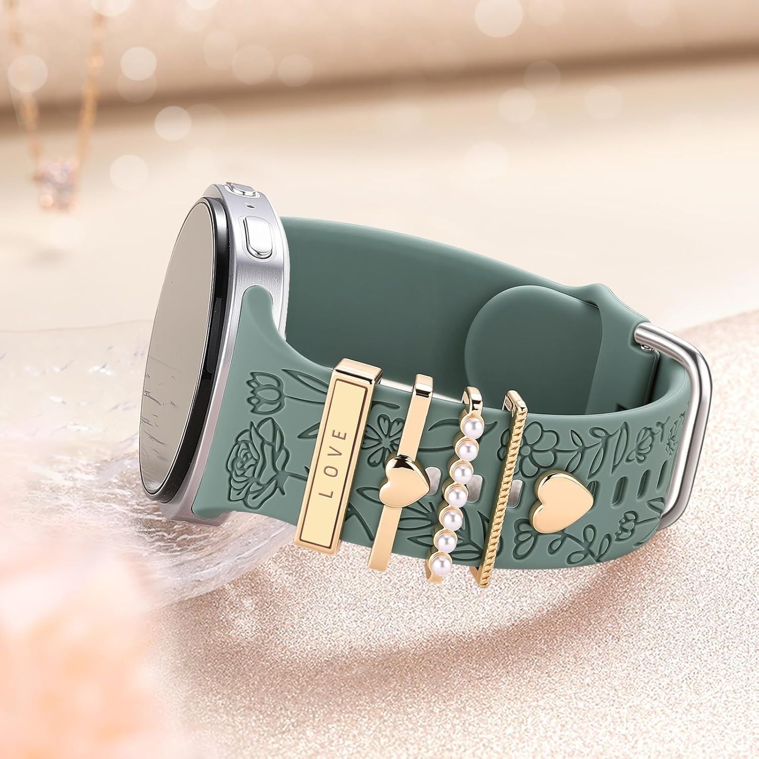Flower Engraved Bands Compatible with Samsung Galaxy Watch 8 Band 40mm 44mm/Galaxy Watch 8 Classic 46mm, Soft Silicone Replacement Strap with Fancy Decorative Charms Accessories for Women Kemu |Fashion Home Kitchen Beauty