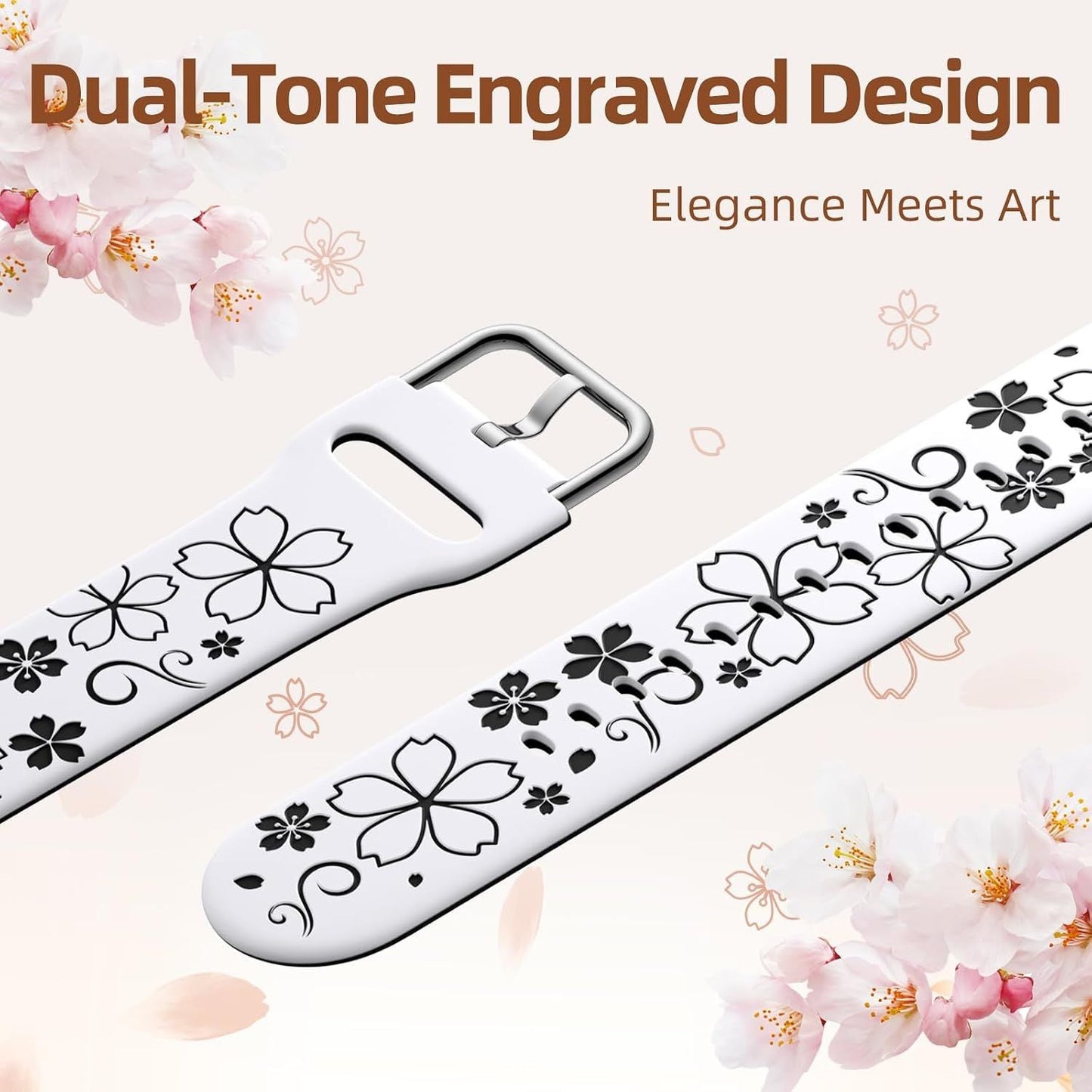 Floral Engraved Band-Compatible with Samsung Galaxy Watch 7 Band 6 4 5 40mm 44mm/5 Pro/6 4 Classic/Active 2, 20mm Cute Two-Tone Flower Soft Silicone Sport Strap for Samsung Watch Bands Women Men Kemu |Fashion Home Kitchen Beauty