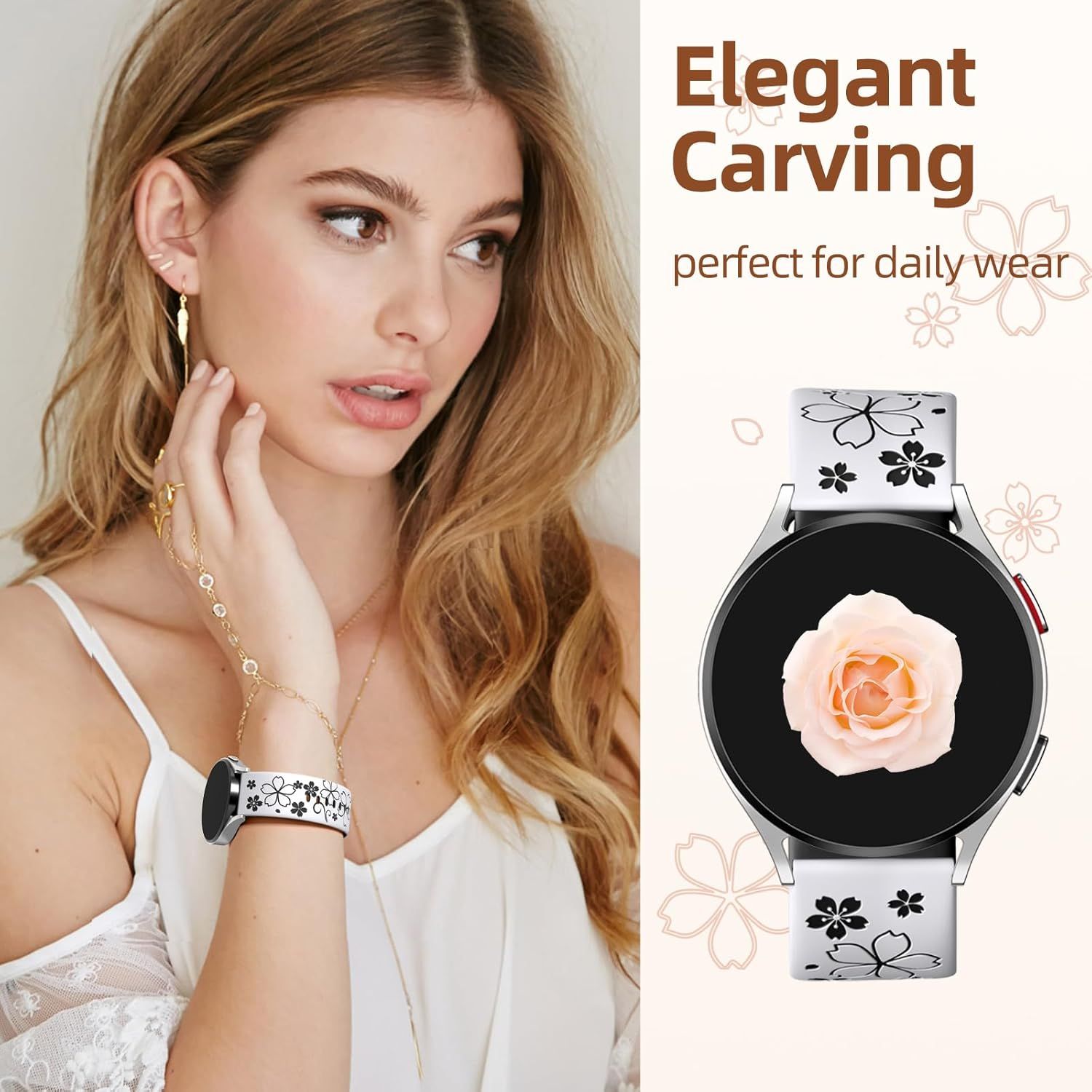 Floral Engraved Band-Compatible with Samsung Galaxy Watch 7 Band 6 4 5 40mm 44mm/5 Pro/6 4 Classic/Active 2, 20mm Cute Two-Tone Flower Soft Silicone Sport Strap for Samsung Watch Bands Women Men Kemu |Fashion Home Kitchen Beauty