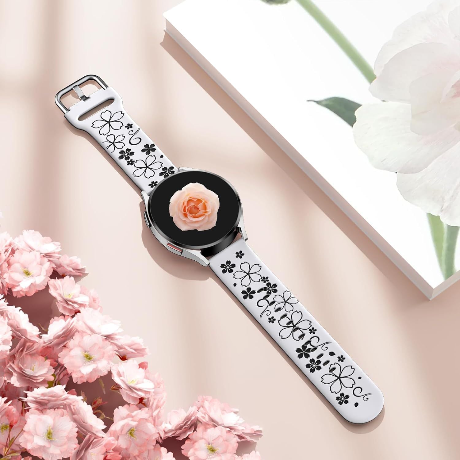Floral Engraved Band-Compatible with Samsung Galaxy Watch 7 Band 6 4 5 40mm 44mm/5 Pro/6 4 Classic/Active 2, 20mm Cute Two-Tone Flower Soft Silicone Sport Strap for Samsung Watch Bands Women Men Kemu |Fashion Home Kitchen Beauty