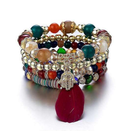 1pcs Bohemian Wood Beads Bracelet , Colorful Crystal Beaded Bracelet, Feather Pendant Multilayer Stretch Bracelet Women's Jewelry Kemu |Fashion Home Kitchen Beauty
