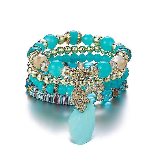 1pcs Bohemian Wood Beads Bracelet , Colorful Crystal Beaded Bracelet, Feather Pendant Multilayer Stretch Bracelet Women's Jewelry Kemu |Fashion Home Kitchen Beauty