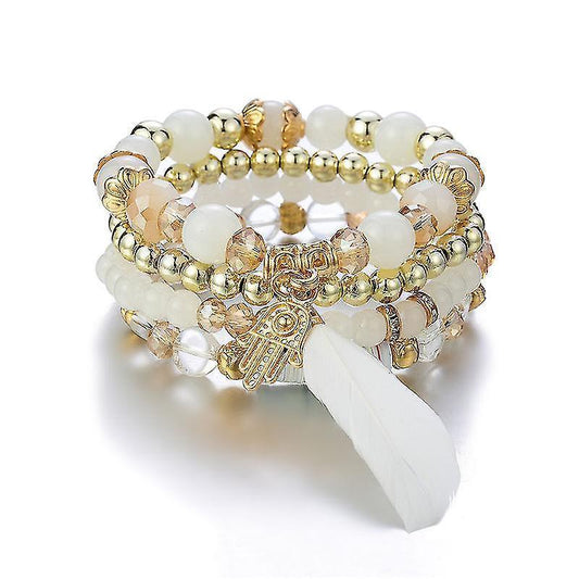 1pcs Bohemian Wood Beads Bracelet , Colorful Crystal Beaded Bracelet, Feather Pendant Multilayer Stretch Bracelet Women's Jewelry Kemu |Fashion Home Kitchen Beauty