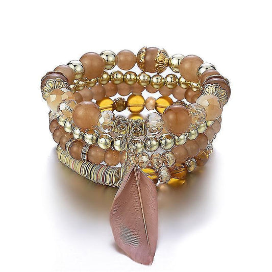1pcs Bohemian Wood Beads Bracelet , Colorful Crystal Beaded Bracelet, Feather Pendant Multilayer Stretch Bracelet Women's Jewelry Kemu |Fashion Home Kitchen Beauty