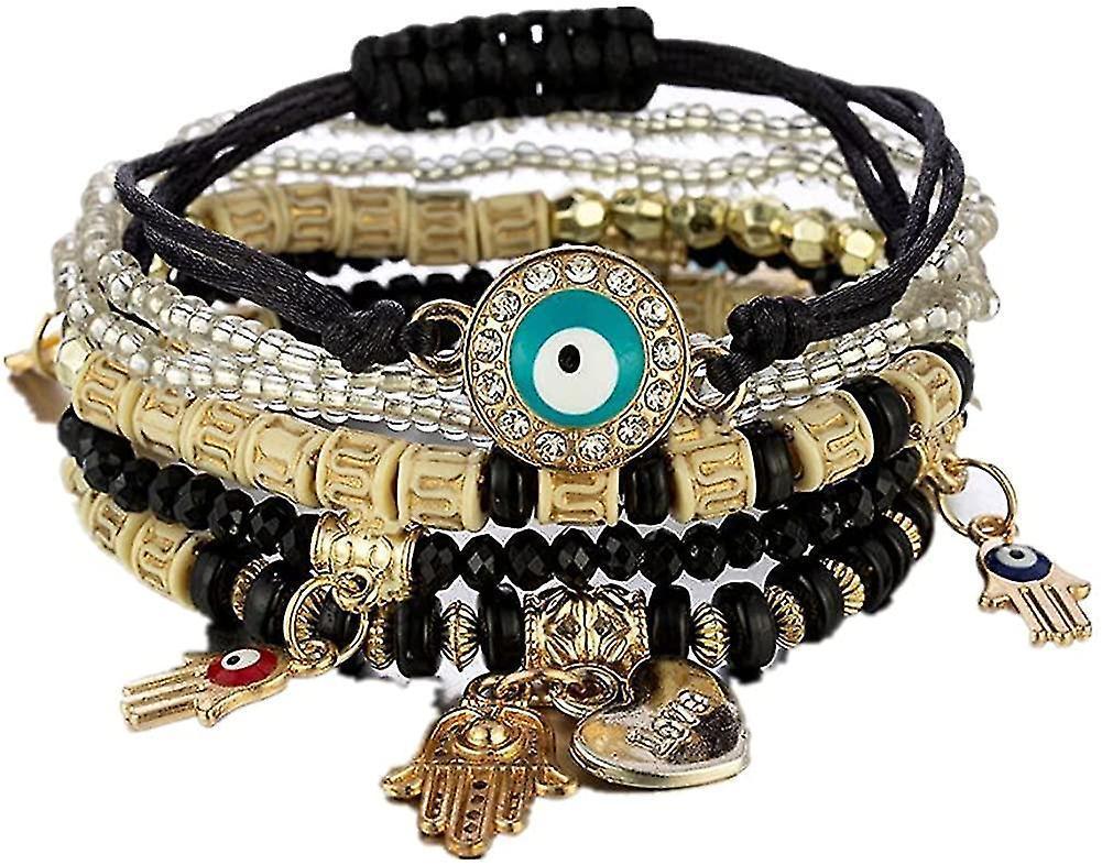 Bohemian Stretch Beads Bracelets Multilayer Evil Eye Hamsa Hand Bracelet Boho Charms Stretch Stackable Bracelet Handmade Multicolor Crystal Beaded Kemu |Fashion Home Kitchen Beauty
