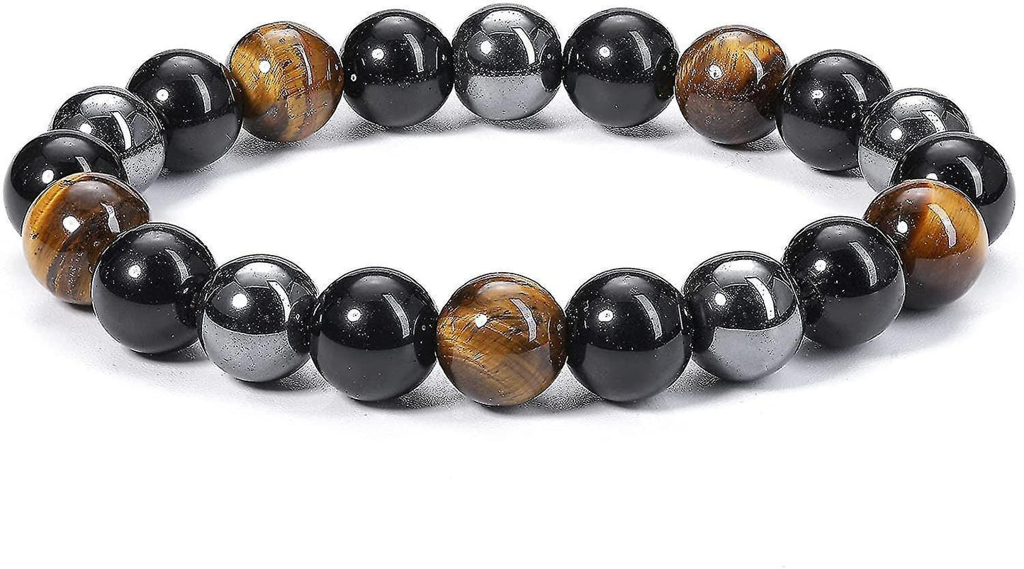 Hematite Black Obsidian Tiger Eye Stone Bracelets For Men Women 10mm Natural Round Gemstone Beads Beaded Healing Crystal Triple Bracelet Kemu |Fashion Home Kitchen Beauty
