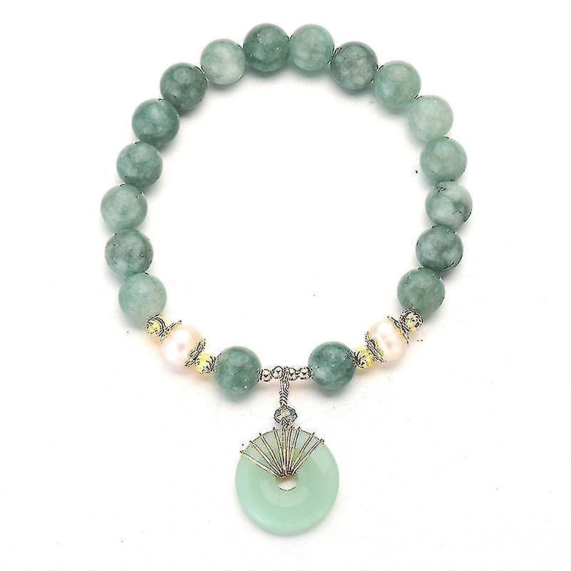 Jade Green Natural Crystal Pearl Couple Bracelet Donut Buckle Pendant Transfer Beads Female Elastic Rope Design Kemu |Fashion Home Kitchen Beauty