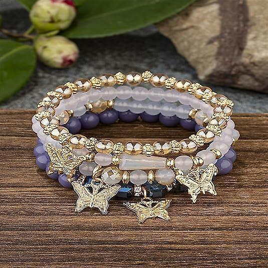 4pcs Set Bohemian Butterfly Crystal Stone Stretch Pendant Bracelets For Women Girls Gold Beaded Stackable Stretch Bracelet Colorful Charm Jewelry Kemu |Fashion Home Kitchen Beauty