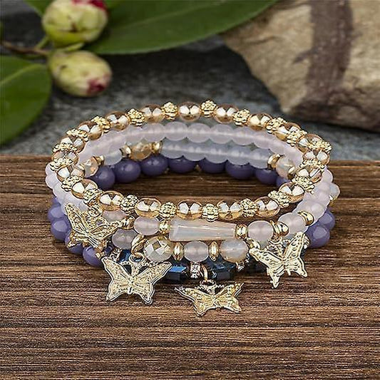 4pcs Set Bohemian Butterfly Crystal Stone Stretch Pendant Bracelets For Women Girls Gold Beaded Stackable Stretch Bracelet Colorful Charm Jewelry Kemu |Fashion Home Kitchen Beauty