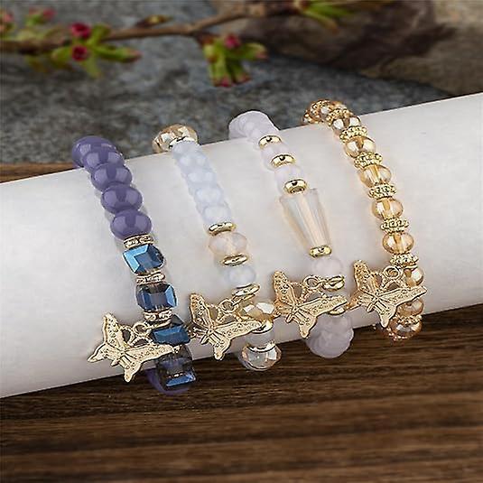4pcs Set Bohemian Butterfly Crystal Stone Stretch Pendant Bracelets For Women Girls Gold Beaded Stackable Stretch Bracelet Colorful Charm Jewelry Kemu |Fashion Home Kitchen Beauty