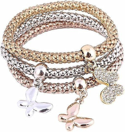 Crystal Charms Multilayer Bracelets - 3pcs Gold/silver/rose Gold Corn Chain Bracelet For Women, Tree Of Life Heart Shaped Stretch Bracelet Kemu |Fashion Home Kitchen Beauty