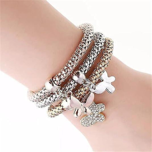 Crystal Charms Multilayer Bracelets - 3pcs Gold/silver/rose Gold Corn Chain Bracelet For Women, Tree Of Life Heart Shaped Stretch Bracelet Kemu |Fashion Home Kitchen Beauty