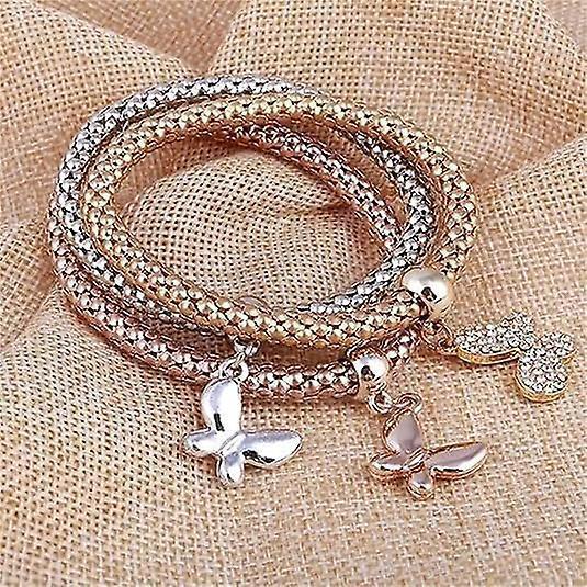 Crystal Charms Multilayer Bracelets - 3pcs Gold/silver/rose Gold Corn Chain Bracelet For Women, Tree Of Life Heart Shaped Stretch Bracelet Kemu |Fashion Home Kitchen Beauty
