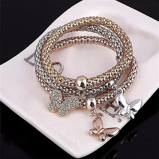 Crystal Charms Multilayer Bracelets - 3pcs Gold/silver/rose Gold Corn Chain Bracelet For Women, Tree Of Life Heart Shaped Stretch Bracelet Kemu |Fashion Home Kitchen Beauty