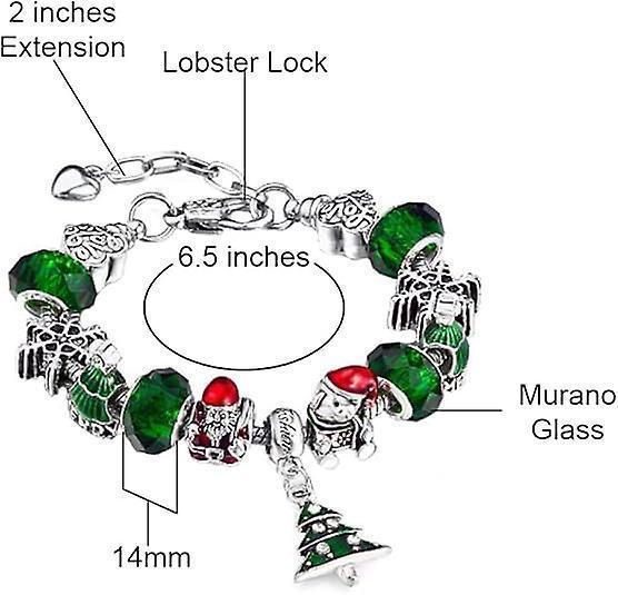 Silver Tone Charm Bracelet With Christmas Tree Bell Crystal And Murano Glass Beads Snake Chain For Women & Girls Comes In A Gift Box Kemu |Fashion Home Kitchen Beauty