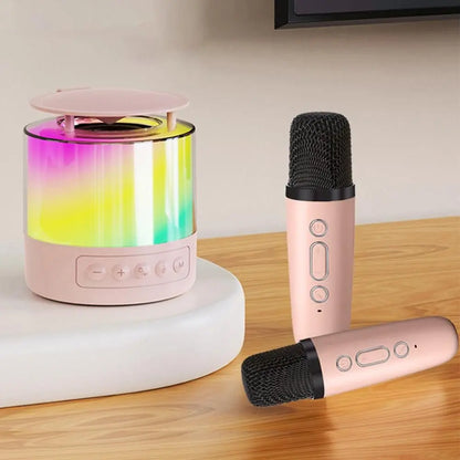Bluetooth Karaoke Machine with 2 Wireless Microphones Mini Singing Speaker with Colorful Light Pink Kemu |Fashion Home Kitchen Beauty