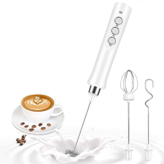 3 in 1 Handheld Electric Milk Frother USB Rechargeable Drink Coffee Mixer Foam Maker with 3 Whisks-White Kemu |Fashion Home Kitchen Beauty