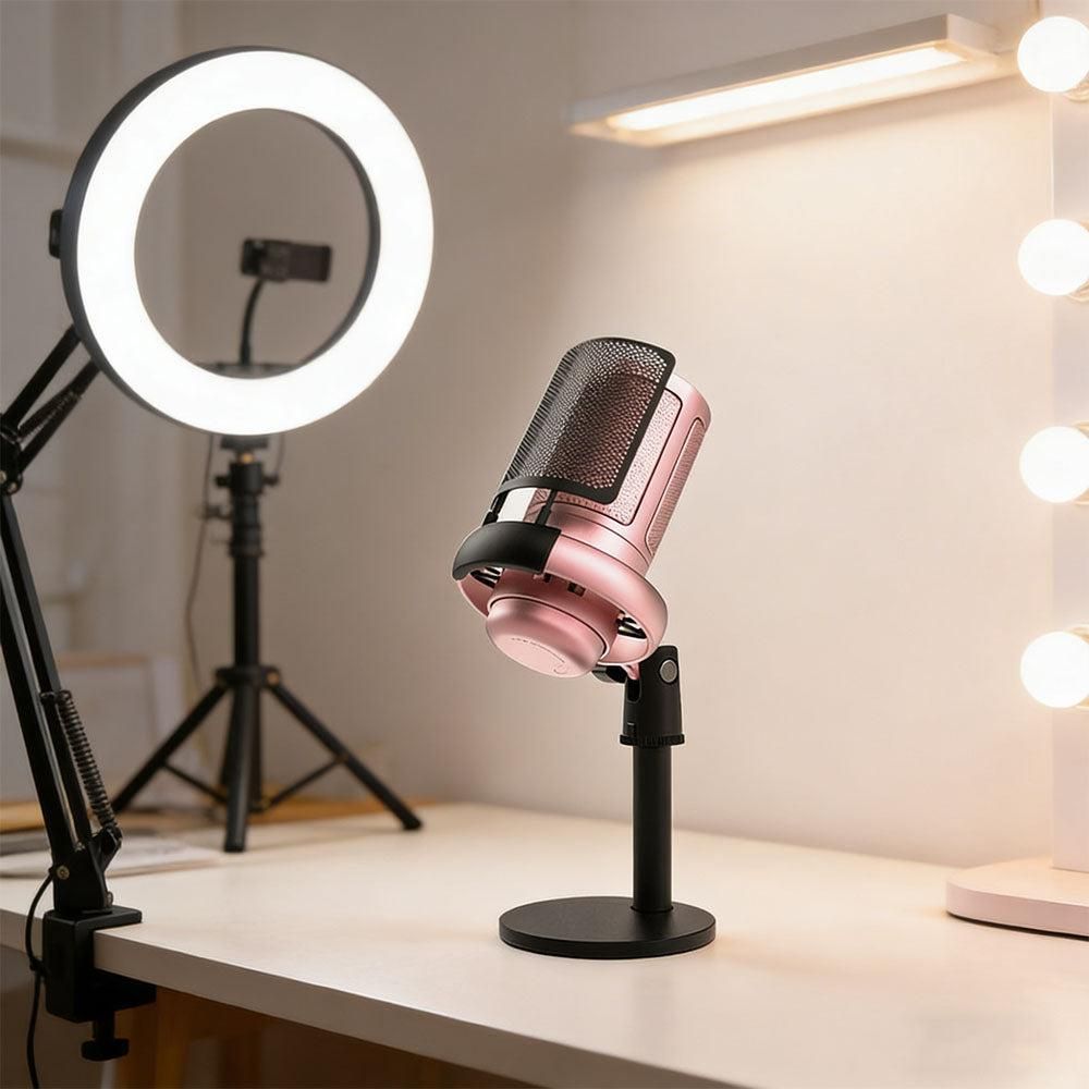 USB Condenser Gaming Microphone with RGB Lighting Adjustable Stand for Recording Streaming Pink