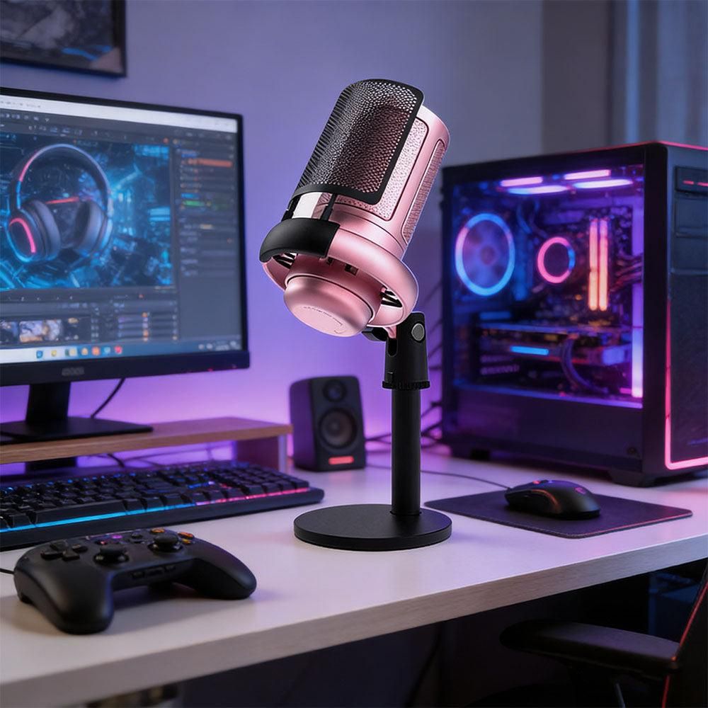 USB Condenser Gaming Microphone with RGB Lighting Adjustable Stand for Recording Streaming Pink