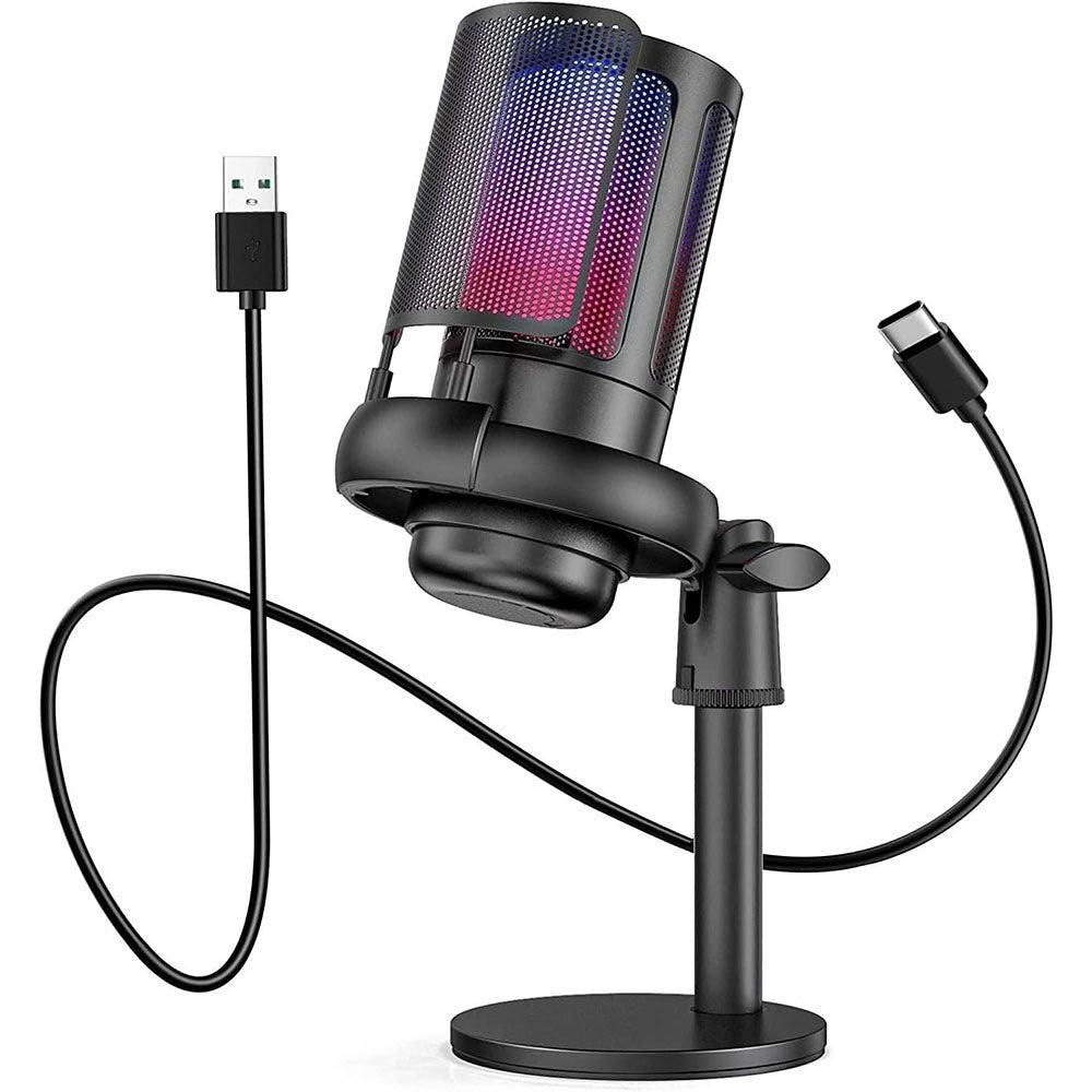 USB Condenser Gaming Microphone with RGB Lighting Adjustable Stand for Recording Streaming Black