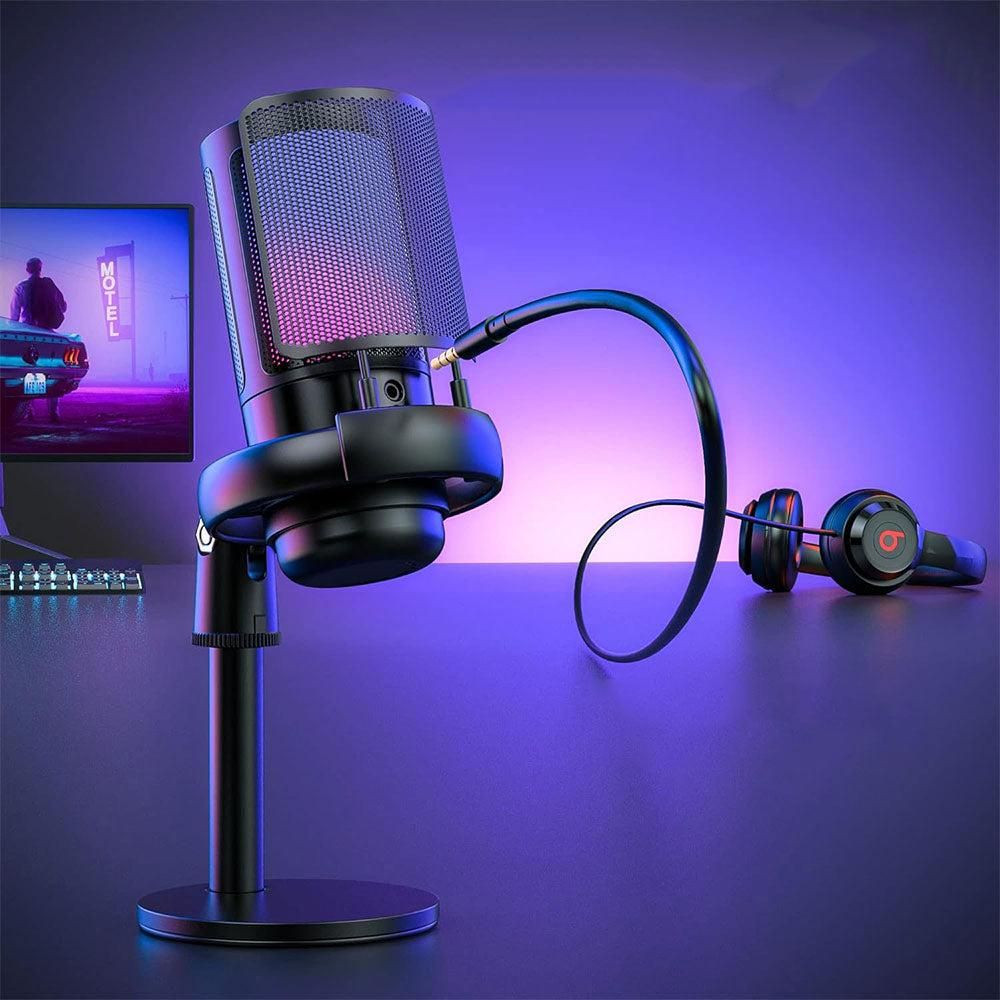 USB Condenser Gaming Microphone with RGB Lighting Adjustable Stand for Recording Streaming Black