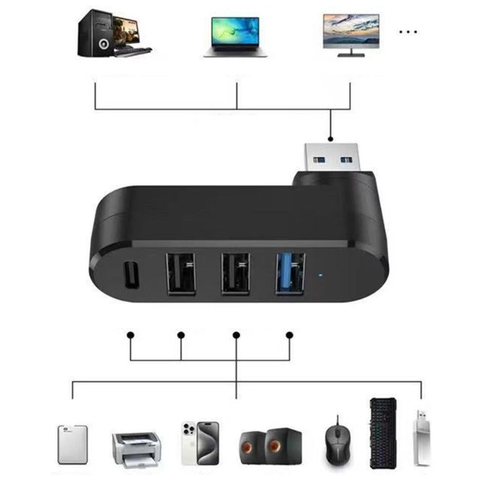 4-Port USB 3.0 Hub 180-Degree Rotating USB Splitter for Laptop Car Black
