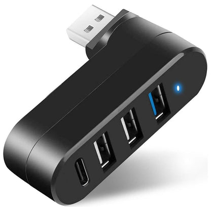4-Port USB 3.0 Hub 180-Degree Rotating USB Splitter for Laptop Car Black