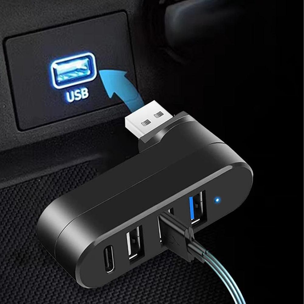 4-Port USB 3.0 Hub 180-Degree Rotating USB Splitter for Laptop Car Black