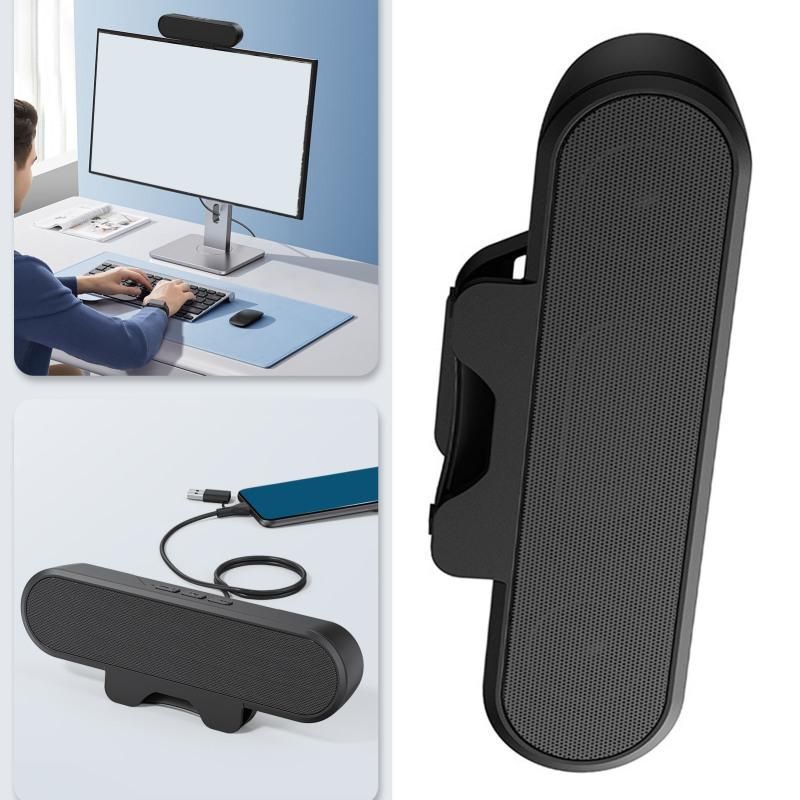 USB Wired Computer Speaker, HD Stereo Sound with Volume Control, Clamp-on Design, Black