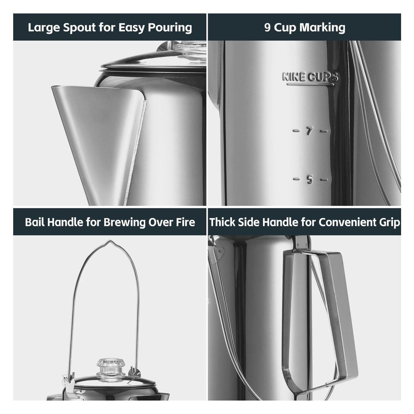 1.2L 9-Cup Stainless Steel Camping Percolator Coffee Pot Stovetop Coffee Maker 1Pc