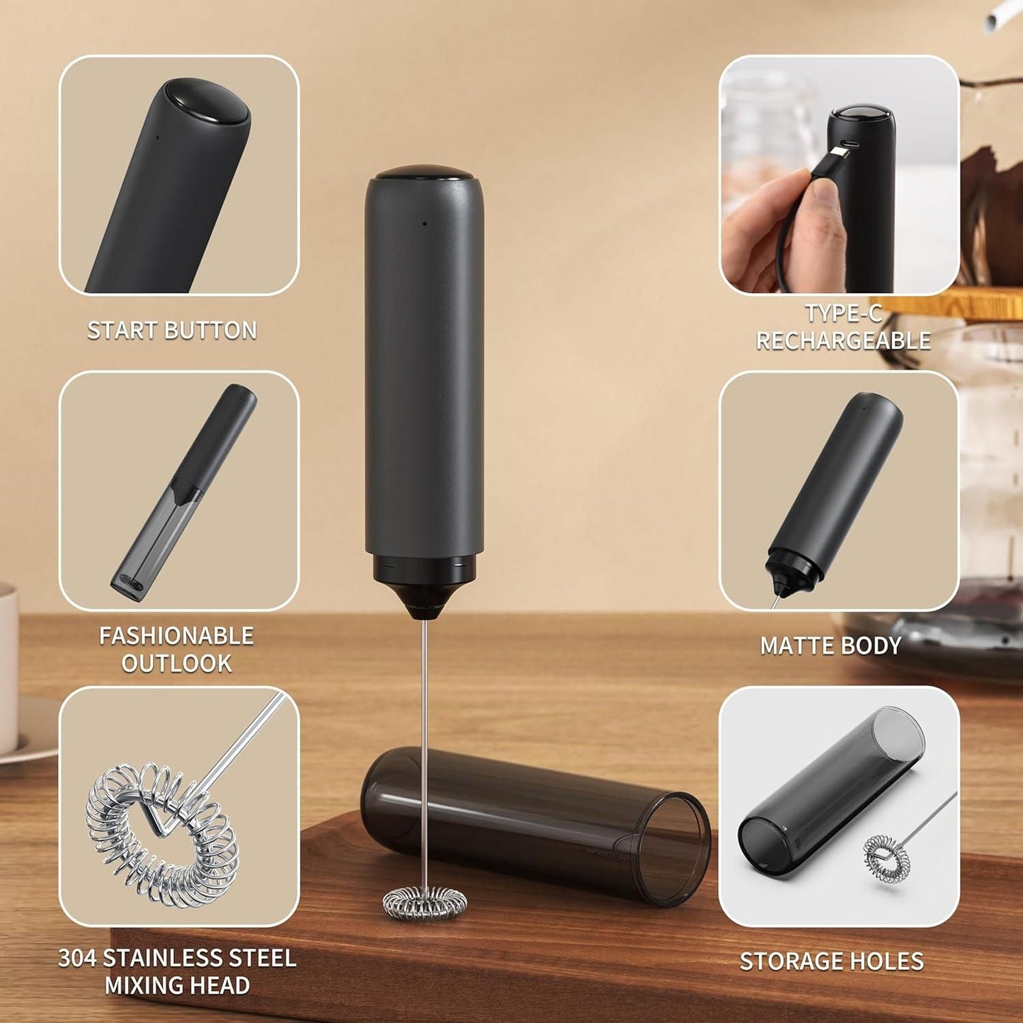 Electric Rechargeable Milk Mixer Handheld Frother USB Charging Black 1pc Kemu |Fashion Home Kitchen Beauty
