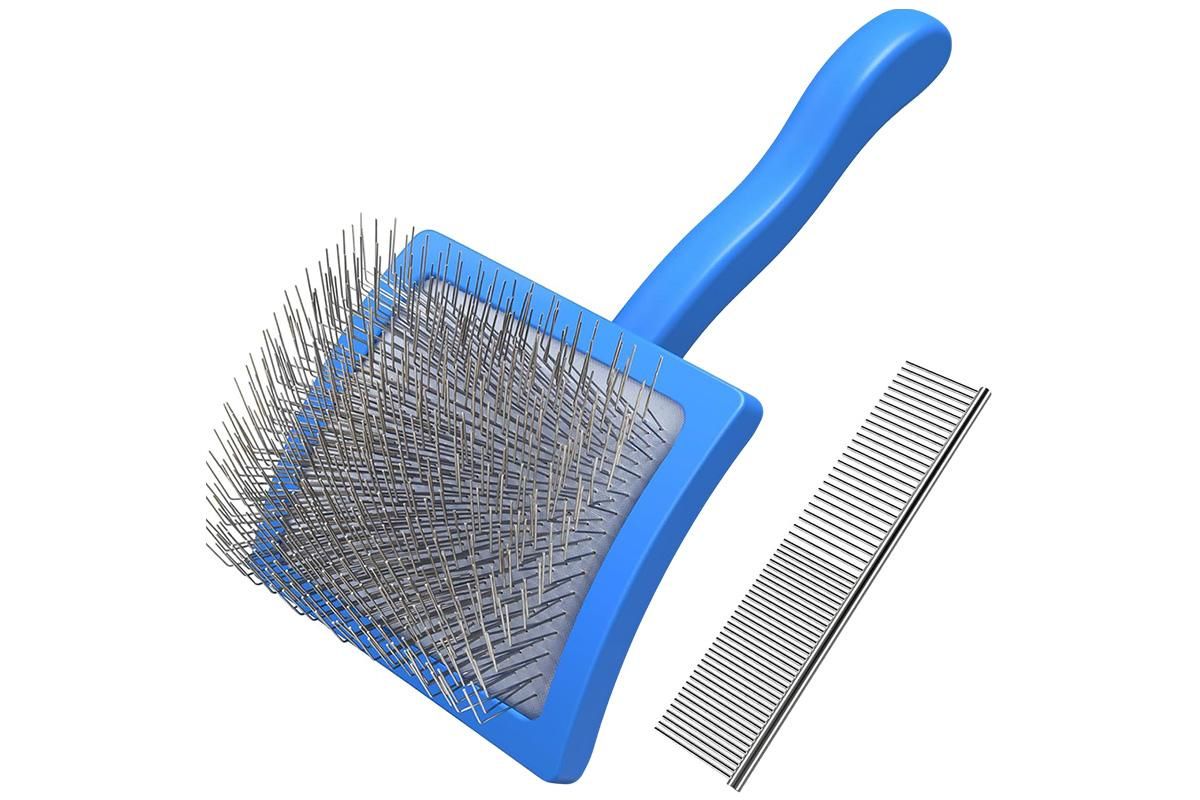 2Pcs Dog Slicker Brush & Comb Set for Grooming Detangling & Hair Removal-Blue