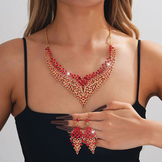 Affordable Luxury, Statement-Making Full-Diamond Necklace and Earring Set, Accessories for Banquets, Parties, and Weddings – Red Kemu |Fashion Home Kitchen Beauty