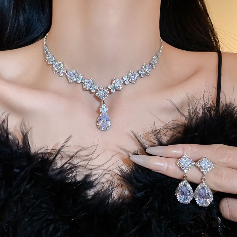 High-Brilliance Zircon Necklace and Earring Set, Evening, Wedding, and Party Jewelry for Women Kemu |Fashion Home Kitchen Beauty