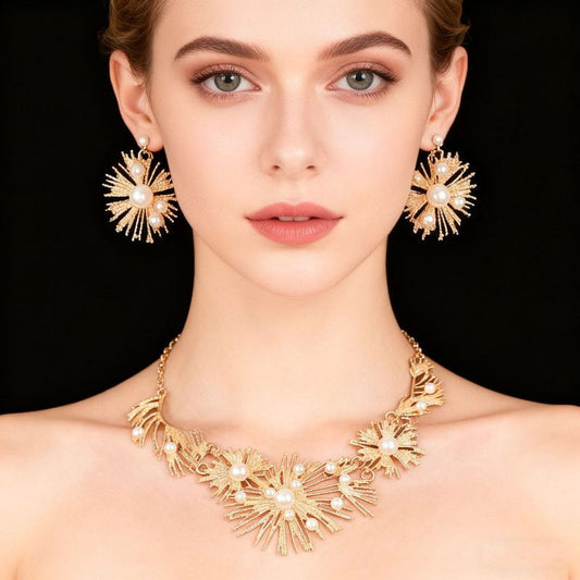 Affordable Luxury Vintage Firework Feather and Faux Pearl Necklace and Earring Set, Accessories for Bridal and Evening Gowns Kemu |Fashion Home Kitchen Beauty