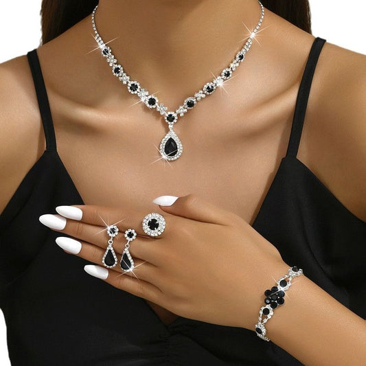 High-end Colored Gemstone Teardrop Jewelry 4-Piece Set, Women's Accessory Set, Wedding and Evening Accessories - Black Kemu |Fashion Home Kitchen Beauty