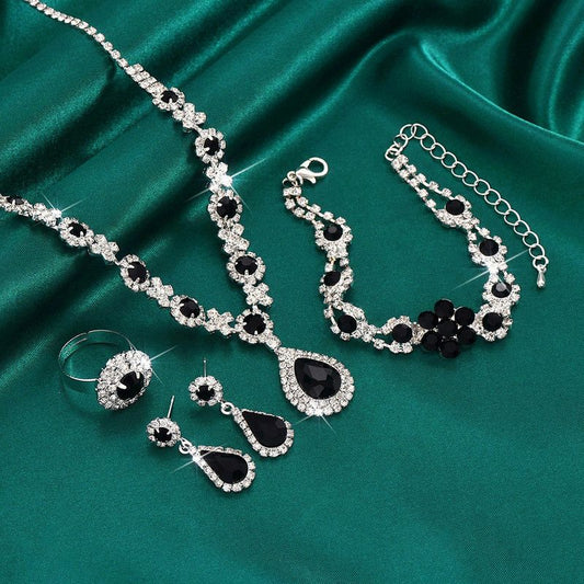 High-end Colored Gemstone Teardrop Jewelry 4-Piece Set, Women's Accessory Set, Wedding and Evening Accessories - Black Kemu |Fashion Home Kitchen Beauty