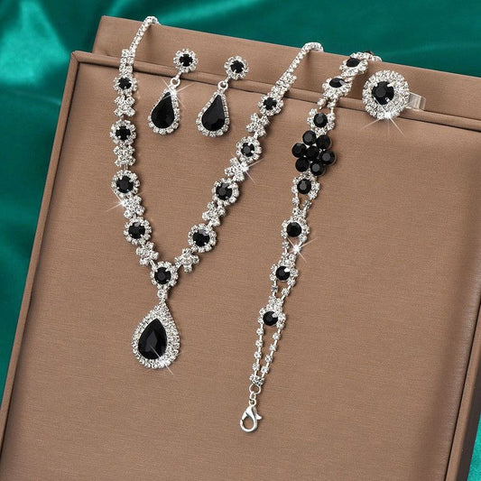 High-end Colored Gemstone Teardrop Jewelry 4-Piece Set, Women's Accessory Set, Wedding and Evening Accessories - Black Kemu |Fashion Home Kitchen Beauty