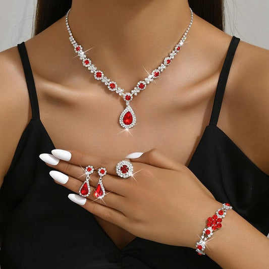 High-end Colored Gemstone Teardrop Jewelry 4-Piece Set, Women's Accessory Set, Wedding and Evening Accessories - Red Kemu |Fashion Home Kitchen Beauty