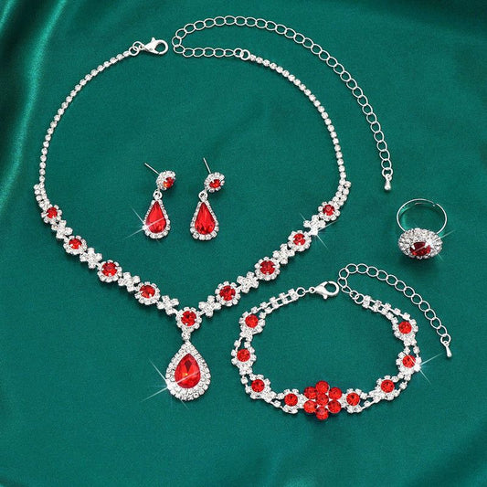 High-end Colored Gemstone Teardrop Jewelry 4-Piece Set, Women's Accessory Set, Wedding and Evening Accessories - Red Kemu |Fashion Home Kitchen Beauty
