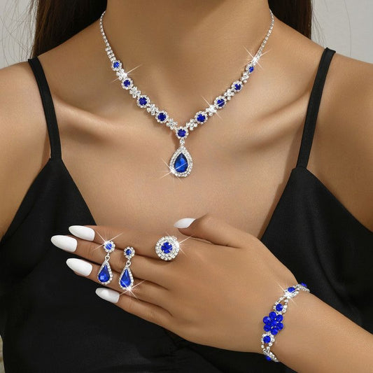 Luxury Colored Gemstone Teardrop Jewelry 4-Piece Set, Women's Accessory Set, Wedding and Evening Accessories - Blue Kemu |Fashion Home Kitchen Beauty
