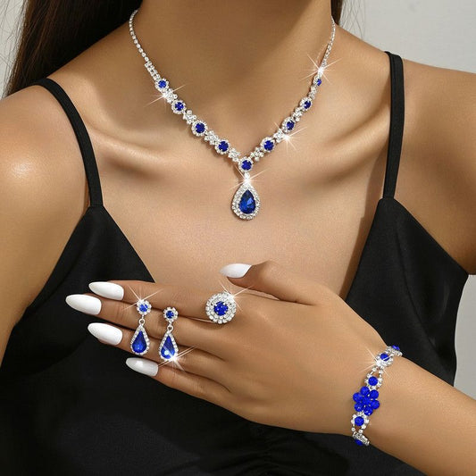 Luxury Colored Gemstone Teardrop Jewelry 4-Piece Set, Women's Accessory Set, Wedding and Evening Accessories - Blue Kemu |Fashion Home Kitchen Beauty
