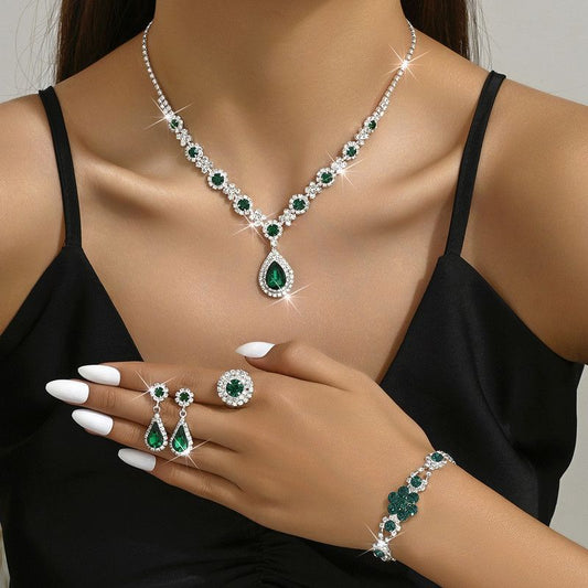 High-end Colored Gemstone Teardrop Jewelry 4-Piece Set, Women's Accessory Set, Wedding and Evening Accessories - Green Kemu |Fashion Home Kitchen Beauty